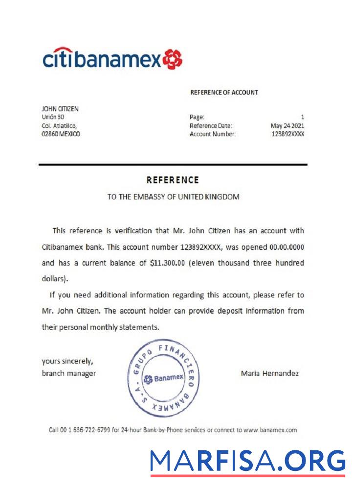 Printable Mexico Citibanamex bank reference example